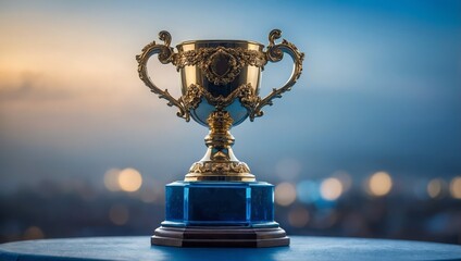 Obraz premium A grand, oversized trophy placed on a smooth surface, with a dreamy blue bokeh backdrop