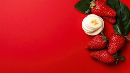 Fresh Strawberries and Banana Slices on Red Background - Healthy Food Concept