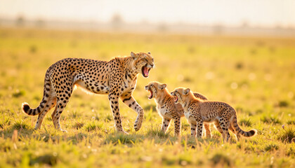 Fototapeta premium Cheetah mother teaching cubs to hunt in open savannah, animal mentorship