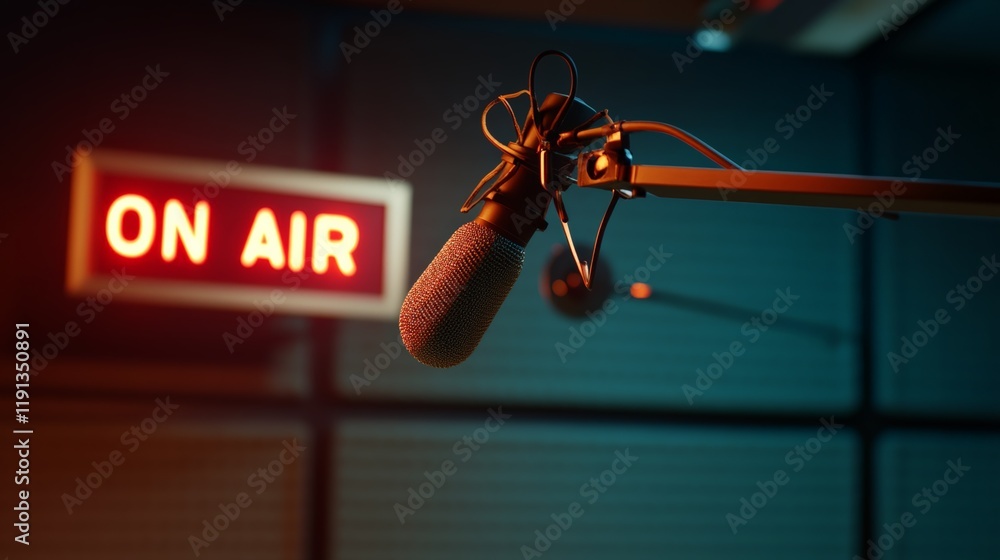 Poster Professional microphone capturing sound in a radio studio with the on air sign illuminated, creating an atmosphere of live broadcasting and communication