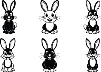 Cute Bunny vector set, Smiling Cute Bunny silhouette vector illustration, Cute Bunny line art vector