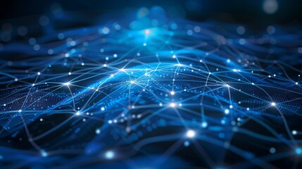 Abstract technology network background with digital lines and glowing connections on dark blue and purple gradient