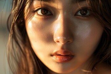 Fototapeta premium Close-up portrait of a beautiful asian woman natural light emotional expression serene environment captivating concept
