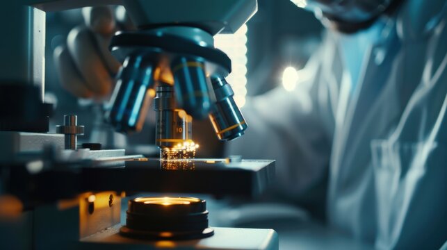 A close-up of a materials scientist in a nanotechnology laboratory manipulating nanomaterials under a microscope, with advanced scientific instruments and nanotech prototypes, Nanotechnology lab scene - Powered by Adobe