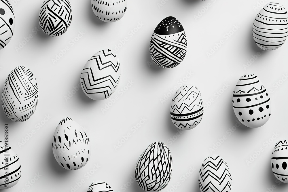 Poster elegant black-and-white easter eggs with abstract patterns in a minimalist scandinavian style on a l