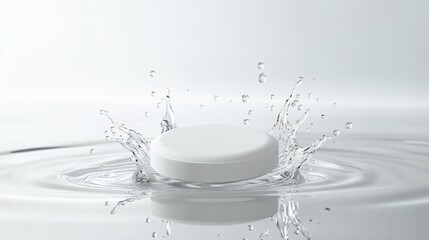 A white disc splashes into water, creating ripples and droplets.