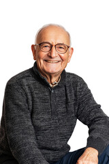 Obraz premium A happy elderly European man in his 70s, sitting and smiling warmly, isolated on transparent background, PNG file
