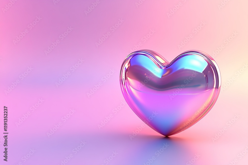 Aufkleber sleek holographic chrome heart against a pastel gradient background with soft glowing reflections an