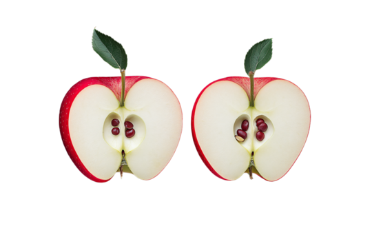 A sliced apple with the seeds and juicy interior clearly visible, the two halves slightly separated, isolated on a dark gray background, high-definition details, crisp edges, and elegant composition.