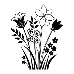 Flower line art. Hand drawn flowers, meadow herbs, wild plants, botanical elements for design projects. Vector illustration.