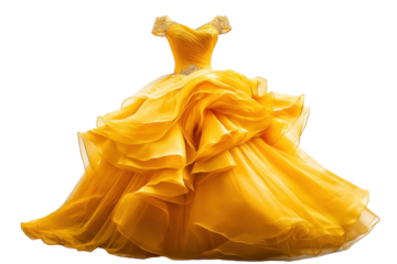 Elegant yellow evening gown with layered skirt showcased on a white background