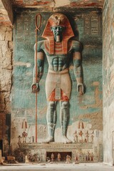 Ancient Egyptian pharaoh mural, hieroglyphs, temple.