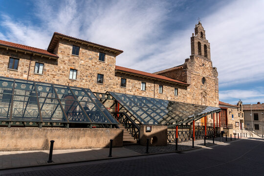 Perpetuo Socorro church and Domus of the mosaic of Bear and Birds roman ruins in the old town of the city of Astorga in the Way of Santiago in the north of Spain. Leon province.
