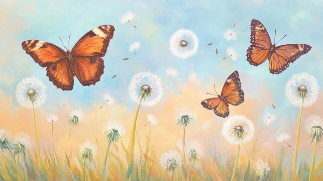 Fototapeta Three orange butterflies flying amidst dandelion seeds and soft pastel sky.