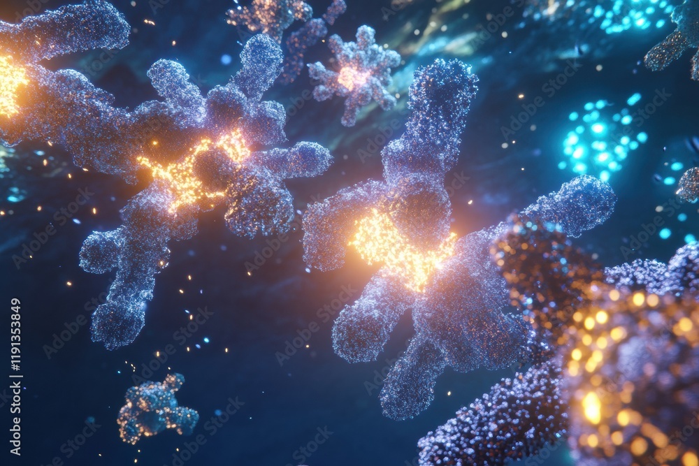 Leinwandbilder Visual representation of antibodies attacking glowing viruses in a vibrant cellular environment. Generative AI
