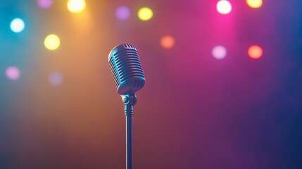 Vintage microphone is positioned center stage, bathed in the colorful glow of spotlights, creating an atmosphere of anticipation for a musical performance or open mic night