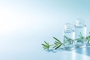 Soft light blue gradient background featuring transparent glass vials with fresh rosemary, ideal for homeopathic design and text overlay