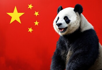 Fototapeta premium Majestic Panda Against China's Flag: A Vibrant, Symbolic Portrait