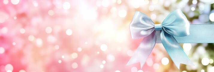 A light, gentle abstract background featuring a soft pink hue with a blue ribbon bow on the side and glowing bokeh effects