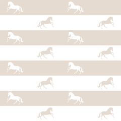 Seamless pattern with white horse silhouettes on alternating beige and white horizontal stripes creating a minimalist equestrian design