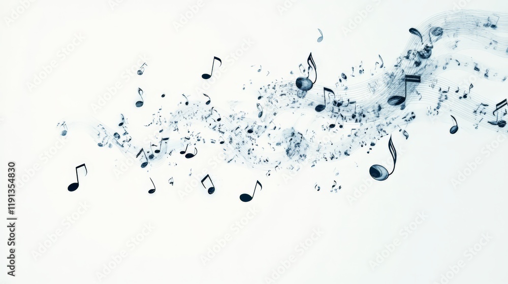Poster musical notes are gracefully flowing on a white background, creating a visual representation of melo