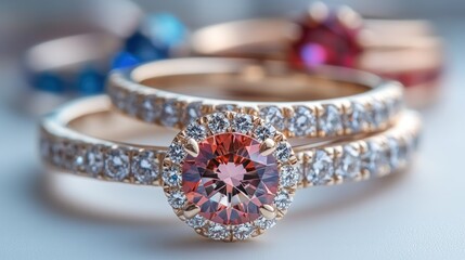Gold rings, diamonds, and a pink gemstone.