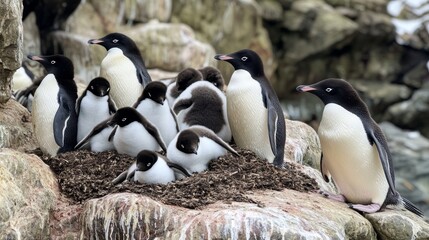 Fototapeta premium Adorable Penguin Family Nurturing Their Young