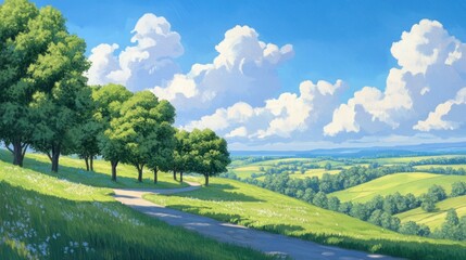 Naklejka premium Sunny countryside landscape with winding road, green hills, and lush trees under a vibrant blue sky.