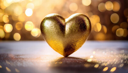 Fototapeta premium A beautiful gold glitter Heart on a light white surface with warm soft lights. Gorgeous background for Holidays. Greeting card with Valentine's Day symbol
