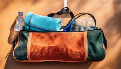 Naklejka premium Generated image towel folded neatly on a court bench, with a padel racket and a water bottle