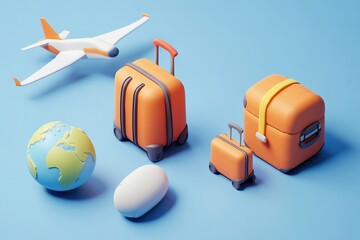 3D icon of luggage plane and globe floating