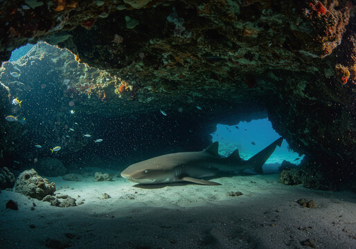 Tibur&oacute;n nodriza descansando en una cueva submarina rodeado de peque&ntilde;os peces en un arrecife tropical.