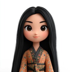 3D memoji of an Asian woman in traditional dress with long black hair on a plain white background