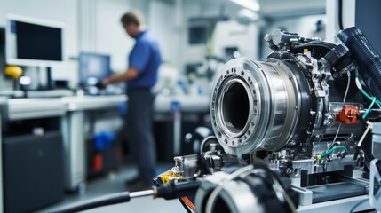 A close-up of a mechanical engineer testing automotive engines in a vehicle testing facility, with dynamometers and diagnostic tools visible, Automotive engine testing scene