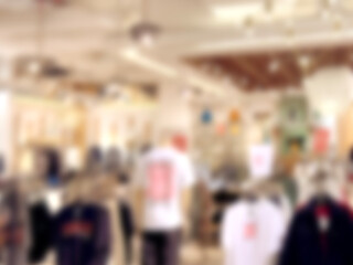 Abstract retail store blurred background. Shopping mall retail clothing shops defocused and blurred. Bokeh and blurry store concept.