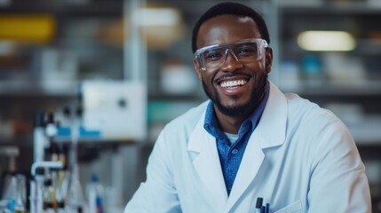 Smiling Biochemist in Laboratory Coat with Equipment