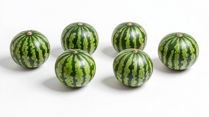 Obraz premium six fresh mini watermelons arranged in a still life photo on a white background highlighting their striped green pattern as a perfect summer snack or picnic fruit