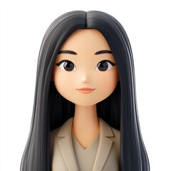 3D memoji of an Asian woman in a blazer with long black hair and a thoughtful expression on a plain white background