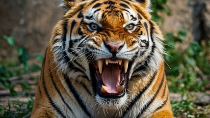 Fototapeta premium Portrait of a Bengal tiger with striking stripes in a zoo, showcasing its fierce face and intense eyes, a wild and dangerous predator in its natural habitat