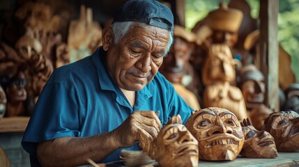 Obraz premium Elderly Craftsman Carving Exquisite Wooden Masks