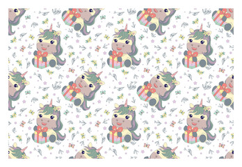 Repeating seamless pattern with adorable unicorn and cupcake. Design for printing on t-shirt, poster, banner. Beautiful print for t-shirt, shopper, notebooks, covers, posters and cards