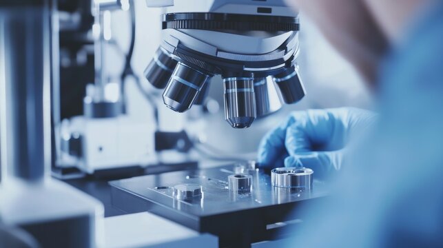 A close-up of a metallurgical engineer analyzing metal samples in a materials testing laboratory, with metallography equipment and microstructures visible, Materials testing lab scene