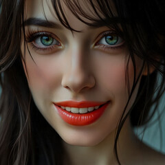 Cinematic portrait of mysterious young woman looking at us smiling: Hyperrealistic detail with volumetric lighting, macro texture and ultra-detailed visual effects