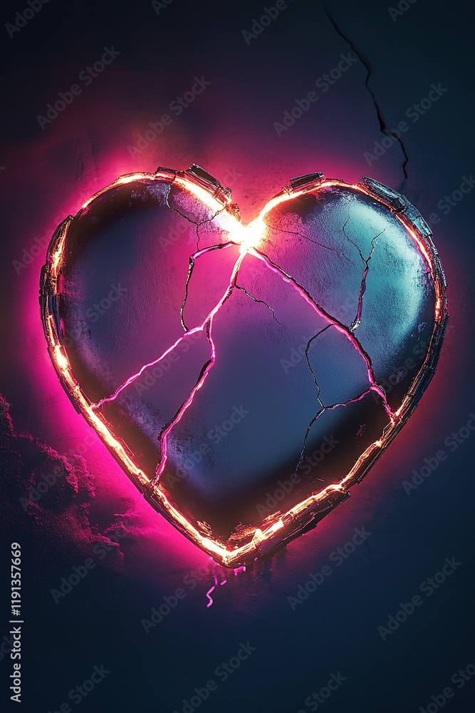 Poster abstract design featuring a cracked chrome heart with pink neon light glowing from within set agains