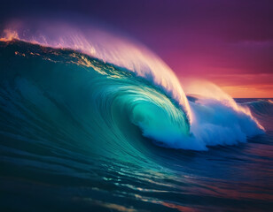 wave breaking on the beach, abstract background, big neon wave background