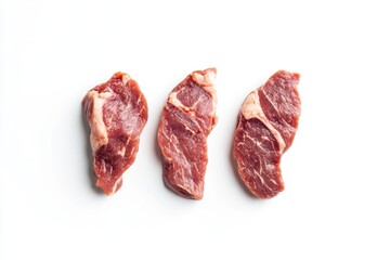 Fototapeta premium Raw red meat pieces isolated on a white background. Delicious Fresh Rib eye Steak Cuts for Presentation. Three premium ribeye steaks with rich marbling, for grilling meals. Prime Boneless Hip Sirloin