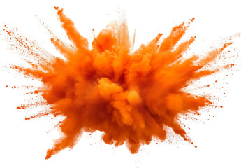Bright orange color powder explosion isolated on white and transparent background