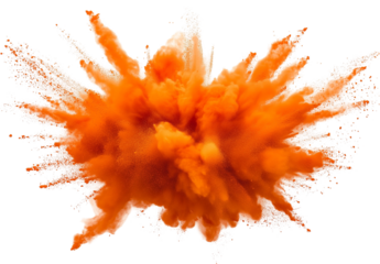 Bright orange color powder explosion isolated on white and transparent background