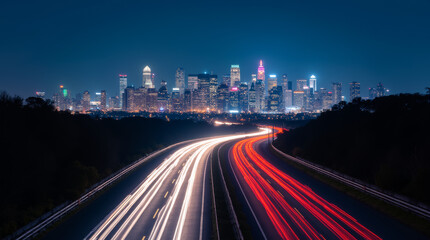 Fototapeta premium Vibrant night highway with light trails leading to illuminated city skyline