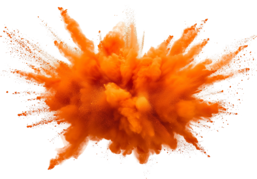 Bright orange color powder explosion isolated on white and transparent background